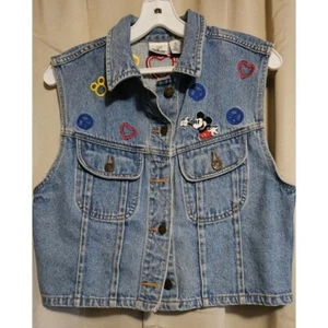 Disney's Vintage 90's Cropped Denim Vest Peace Love & Mickey Mouse Jrs Size Med - Picture 1 of 4