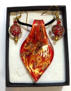 Collana Vintage Murano Ciondolo e Orecchini Italia Vetro Soffiato A Mano Arancione Firmata - Foto 1 di 8