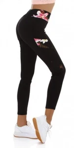 Sexy Leggings lange Hose Leggings Blumen Print Flower Print Schwarz Pink S / M - Bild 1 von 6