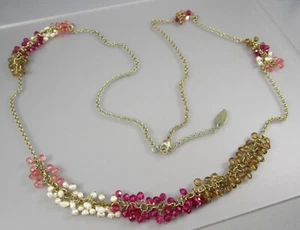 COLDWATER CREEK Gold Beaded Glass Pearls Stations Pink Adjustable Necklace 7324 - Picture 1 of 9