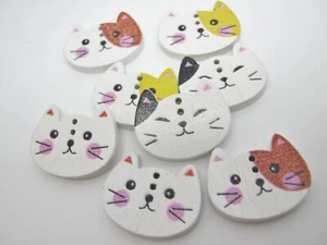 6 White Cat Buttons 20mm x 15mm (3/4 x 5/8") Cat Wood Sewing Buttons - Picture 1 of 1