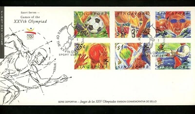 Postal History Singapore FDC #621-626 Olympic Sports Soccer Basketball 1992 - Image 1 of 4