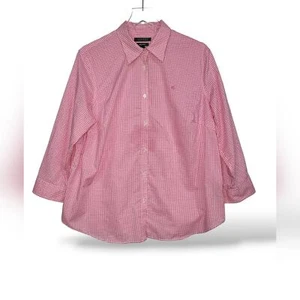 Ralph Lauren LRL Womens Sz 1X Pink & White Gingham 3/4 Sleeve Cotton Button Up - Picture 1 of 5