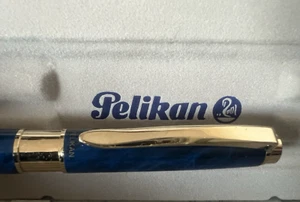 Pelikan Pen Sphere Celebry Lacquer Blue Marbled Trim Vintage Goldtone - Picture 1 of 14