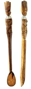 "Cuchara y cuchillo para servir de madera tribal vintage de teca de 15"" de largo" - Imagen 1 de 11