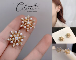 Gold Snowflake Fashion Pearl Earrings 925 Sterling Silver Post Earring Jewellery - Picture 1 of 11