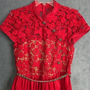 SELF‑PORTRAIT Floral Guipure Lace & Taffeta Midi Dress Red Size 6 RS22‑907R - Picture 1 of 17
