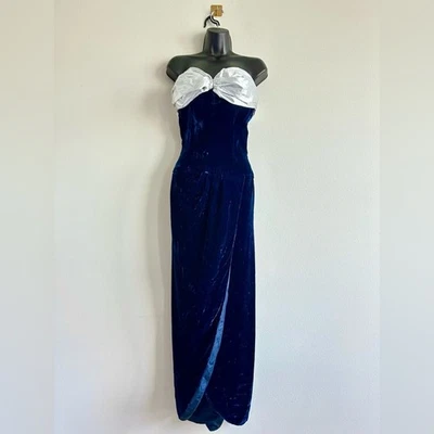Victor Costa Vintage 80s Strapless Navy Velvet Gown w/ Silver Lamé Bow Size 12 - Image 1 of 4