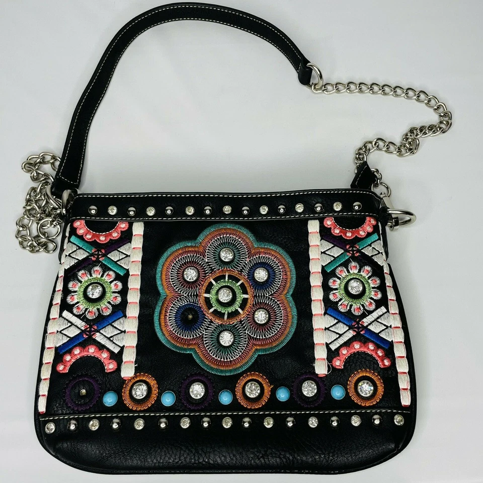 Bolso de Mano de Cuero Blazin Roxx Cartera Tachonado Estrás Bordado Floral  Foto 1 de 4