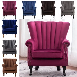 Velvet Armchair Chesterfield Fireside Wing Back Chair Lounge Tub Queen Anne Sofa - Picture 1 of 34