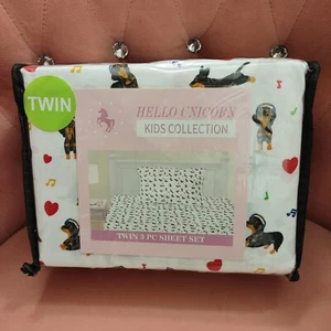 Dachshund Twin Size Sheet Set 3 Pieces Standard Pillowcase Music Headphones... - Picture 1 of 4