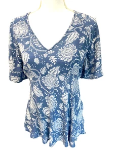 Rachel Zoe Bluse Paisley blau Bauerngröße M V-Ausschnitt Flatterärmel - Bild 1 von 5