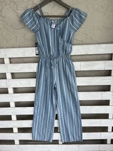 New bebe girls Chambray jumpsuit cold shoulder Striped size L(14). - Picture 1 of 18