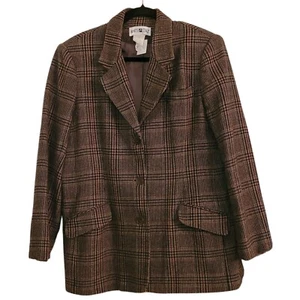 Vintage White Stag Lined Wool Blend Blazer, Brown Plaid Classic Women's 14 - Picture 1 of 11