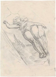 Dibujo a lápiz mujer sobre roca y bocetos de desnudos femeninos - Imagen 1 de 2