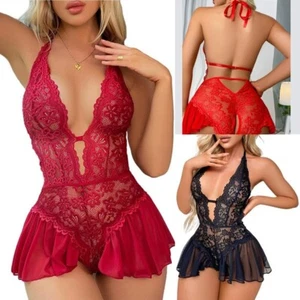 Women's Floral Lace Lingerie Halterneck Backless Crotchless Teddy Nightwear - Picture 1 of 38