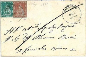 ANTICHI STATI - TOSCANA: Sassone 4b + 5a su BUSTA - firmata E DIENA 1855 - Imagen 1 de 1