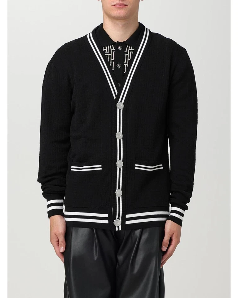 Balmain Knit Cardigan with VNeck and Stripes Men Black Sweaters - Image 1 of 4