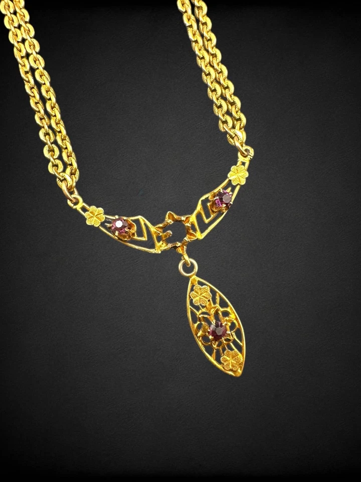 Antique 10K Gold Paste Glass Pendant on Goldtone Chain Necklace For Repair - Image 1 of 4