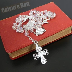 Holy Spirit Dove AB Clear Crystal Bead Cross Rosary Necklace Men Women Gift - Picture 1 of 5