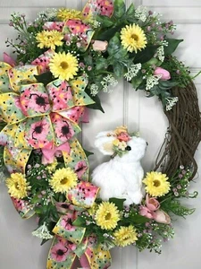 Easter Wreath Bunny & Floral Door Wreath Easter & Spring Decor - Picture 1 of 5