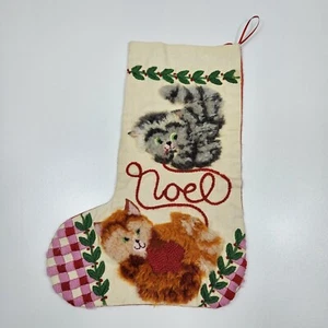 Crewel Embroidered Cat Christmas Stocking Noel Fluffy Kitties Grey Orange Tabby - Picture 1 of 9