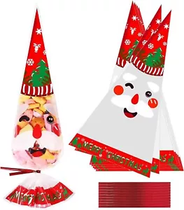 20 Twist Tie Father Xmas Santa Cone Cello Cellophane Party Bags Candy Sweets - Picture 1 of 6