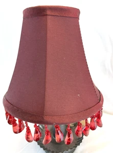 Burgundy Silk Print Clip On Lamp Shade with Plastic Bead Fringe 5" Tall - Picture 1 of 6