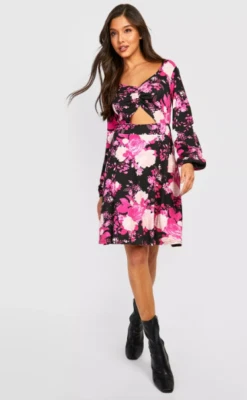Boohoo Dress Size 10 New Black Floral Cut Out Fit Flare Long Sleeve Jersey Party - Image 1 of 4