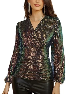 NWT Grace Karin Women’s 2XL Sequin Long Sleeve Ruched Wrap Party Top - Picture 1 of 8