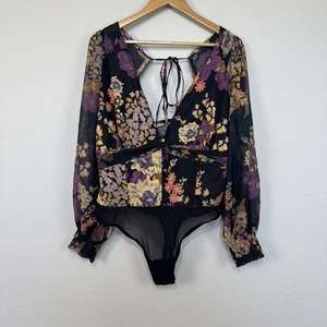 Free People Bodysuit Womens Extra Large Black Floral Long Sleeve Sheer Boho NWOT - Picture 1 of 15