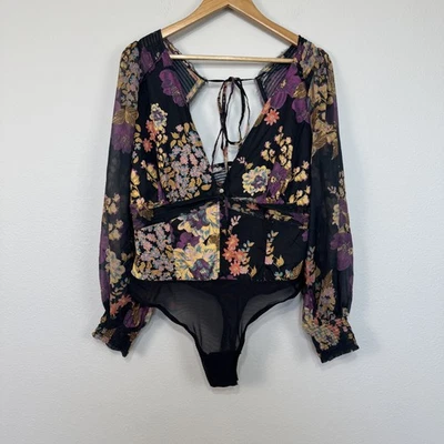Free People Bodysuit Womens Extra Large Black Floral Long Sleeve Sheer Boho NWOT - Image 1 of 4