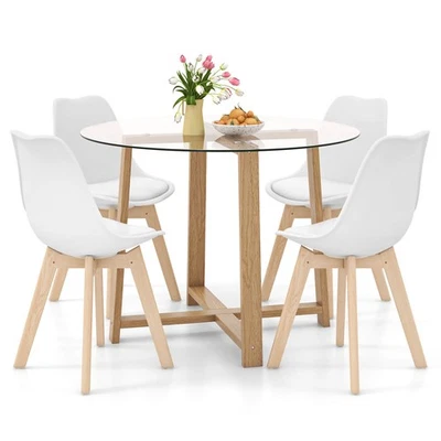 Juego de mesa de comedor de 5 piezas para 4 con patas de madera maciza mesa de vidrio templado moderno Foto 1 de 4