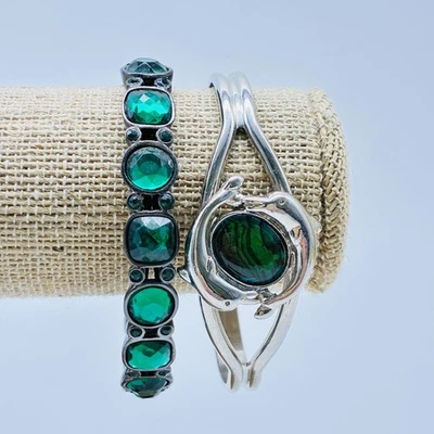 批量 2 件 绿石手链 海豚银色袖口和弹力链接套装 — 第 1/4 张图片