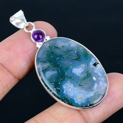 Colgante hecho a mano de ágata musgo indio enchapado en plata 925 de 2,21" Foto 1 de 3