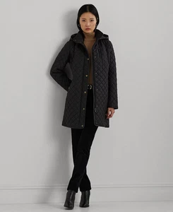 NWT Ralph Lauren  quited hooded  women's jacket coat- black M - Picture 1 of 11