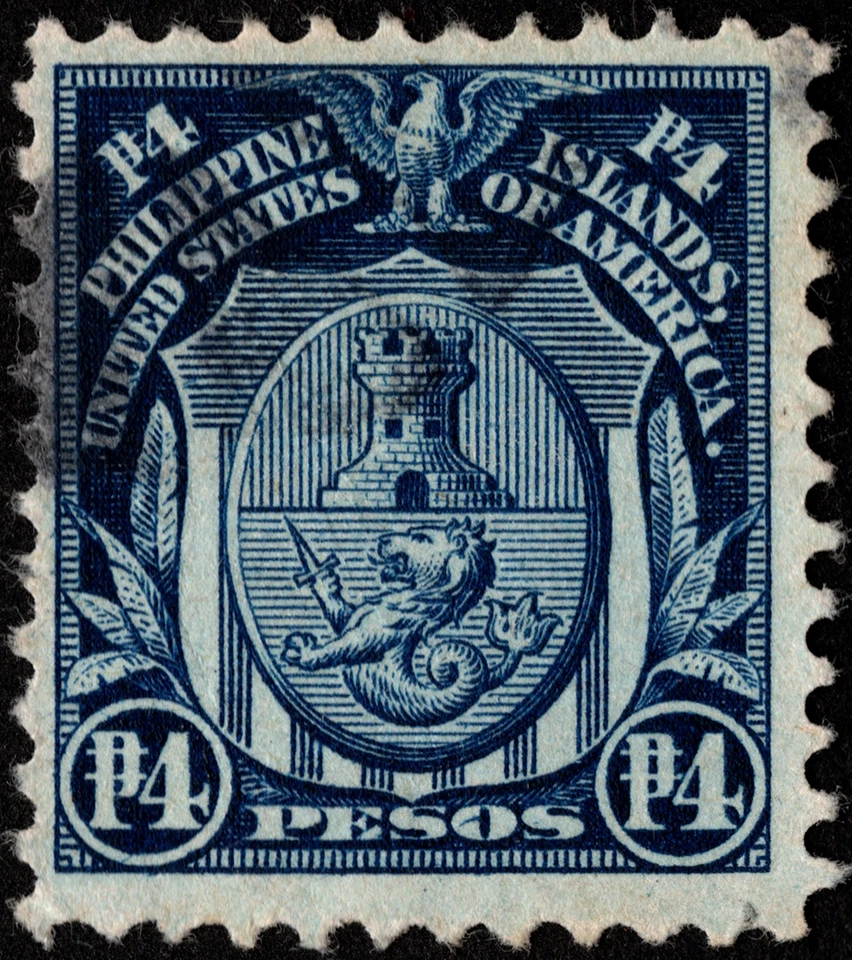 Philippines Stamp Scott # 302a Used F-VF 4p Dark Blue Arms of the City of Manila - Image 1 of 1