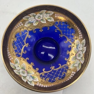Bohemian Czech Glass Cobalt Blue Footed Bowl Gold Gilt Raised Flowers - Picture 1 of 17