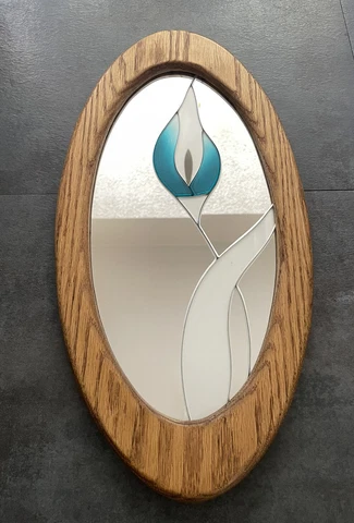 1980’s Frosted Glass Cala Lily Mirror Turquoise Oval Oak Frame Vintage Retro Cover