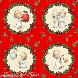 ELIZABETH'S STUDIO M4100 CHRISTMAS CHERUBS BABY ANGELS FABRIC PANEL 23"X44" - Picture 1 of 5