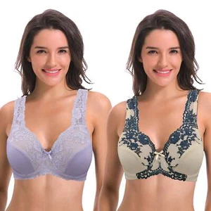 Women's Minimizer Unlined Underwire Bra With Lace Embroidery-2 - Picture 1 of 7