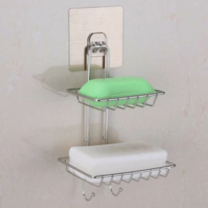 Soap Dish With Hook Double Tier Stainless Steel Wall Mounted Bar Holder Bathroom - Picture 1 of 12