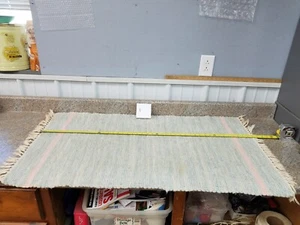 Vintage Woven Rag Rug Carpet Farmhouse Fringed Blue-green / Pink - Picture 1 of 7