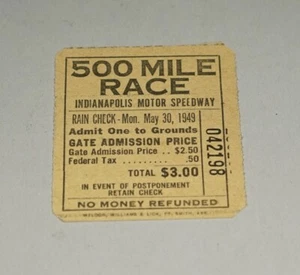 ORIGINAL 1949 INDIANAPOLIS 500 AUTO RACING RAIN CHECK TICKET STUB - Picture 1 of 2