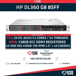 Servidor Rack HP DL360 G8 8SFF 2x E5-2620 +128GB RAM+ P420 + 4x450GB 646904-421 - Imagen 1 de 9