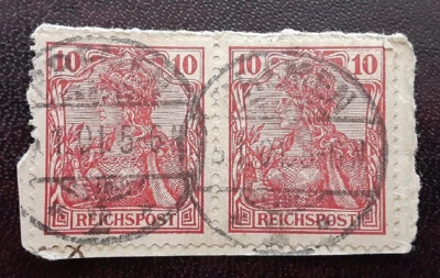 GERMANY Reich 1899 10pfg Used Pair Germania On Piece VF 2798 - Image 1 of 2