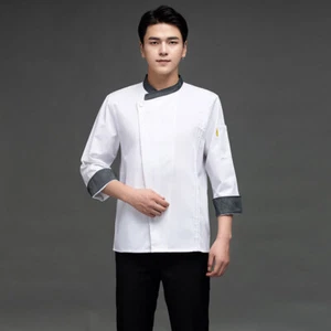 Men Women Chef Work Breathable Kitchen Gray Collar Long-Sleeved Chef Coat Jacket - Picture 1 of 13