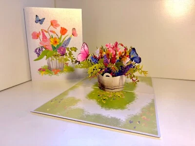 ORIGAMI POP CARDS Spring Flowers in Bucket Butterflies Happy Spring Thank You 3D - Image 1 of 4