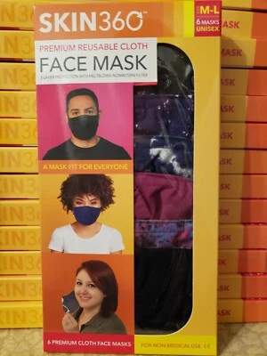 Mascarilla facial de tela reutilizable premium Skin360 CAJA DE 6 totalmente nueva mediana/grande Foto 1 de 4