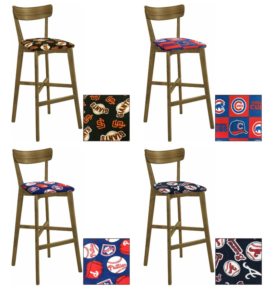 MLB Bar Stool Wood 30" Walnut Finish Backrest Baseball Fabric Covered Seat - Image 1 of 1